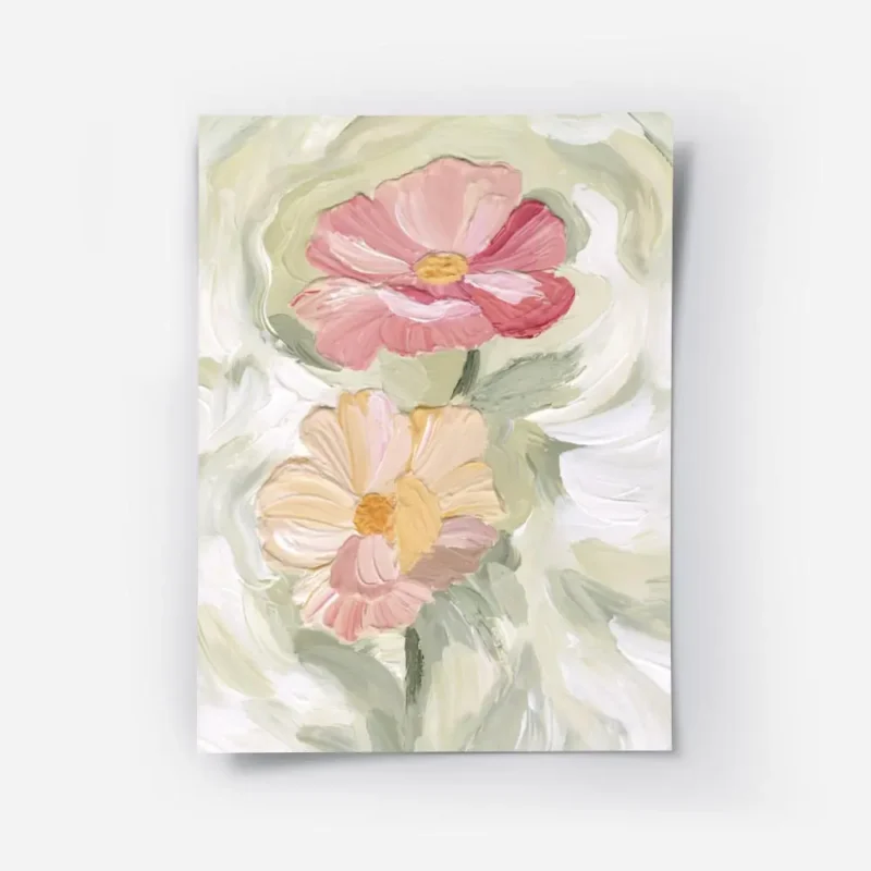 affiche de deux fleurs peintes une rose et une peche avec un c ur jaune et des t.webp
