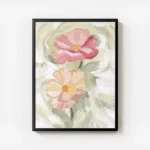 affiche de deux fleurs peintes une rose et une peche avec un c ur jaune et des t avec cadre.webp