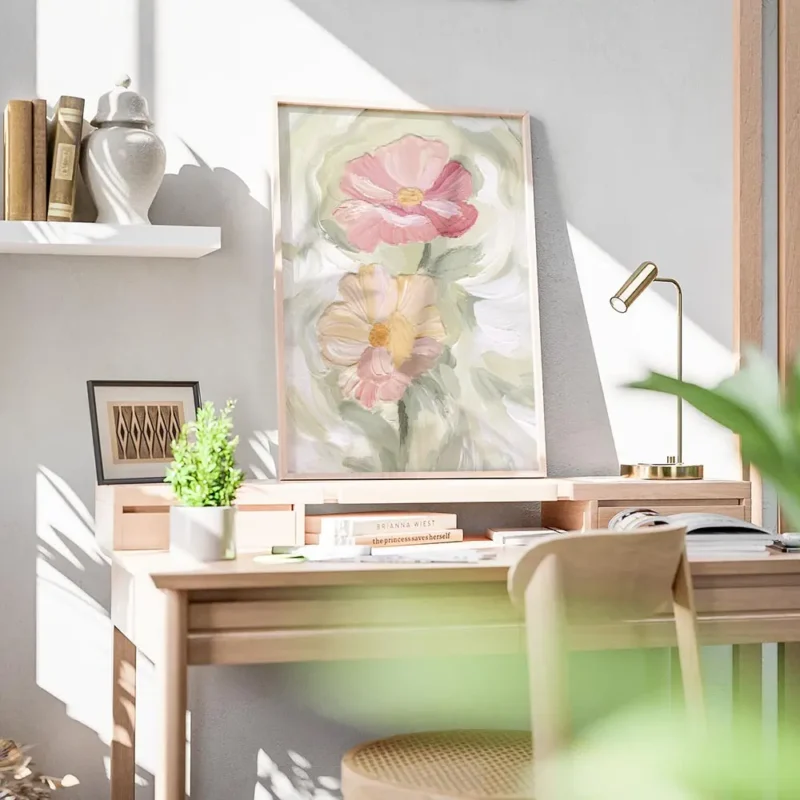 affiche de deux fleurs peintes une rose et une peche avec un c ur jaune et des t bureau.webp