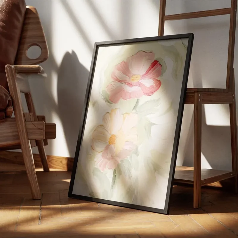 affiche de deux fleurs peintes une rose et une peche avec un c ur jaune et des t encadre.webp