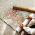 affiche de deux fleurs peintes une rose et une peche avec un c ur jaune et des t enroule.webp