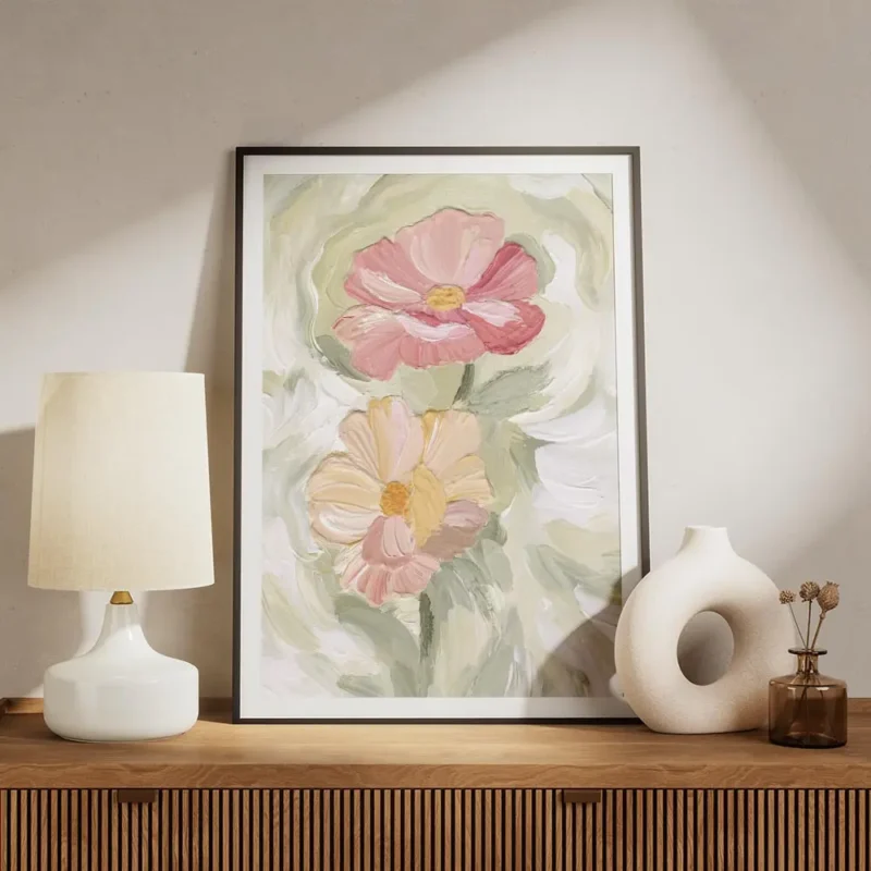 affiche de deux fleurs peintes une rose et une peche avec un c ur jaune et des t meuble.webp
