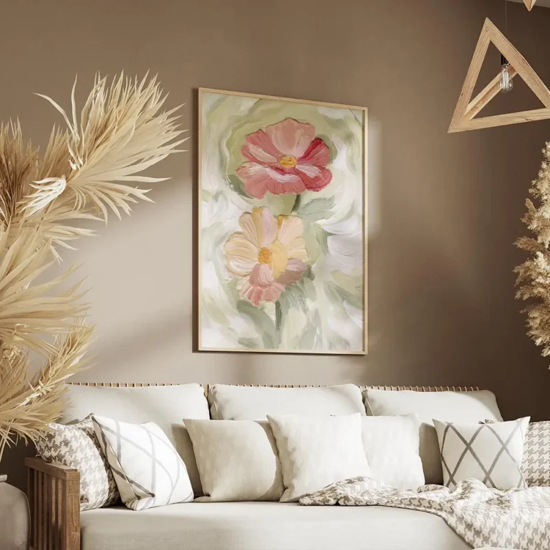 affiche de deux fleurs peintes une rose et une peche avec un c ur jaune et des t salon.webp