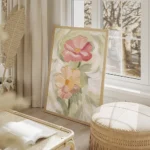 affiche de deux fleurs peintes une rose et une peche avec un c ur jaune et des t salon beige.webp