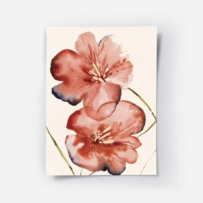affiche de deux fleurs rouges corail aux nuances bleues et jaunes sur fond beige.webp