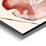 affiche de deux fleurs rouges corail aux nuances bleues et jaunes sur fond beige aluminium.webp