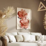 affiche de deux fleurs rouges corail aux nuances bleues et jaunes sur fond beige salon.webp