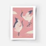 affiche de deux grues blanches dansantes avec des accents bleus et rouges sur un.webp