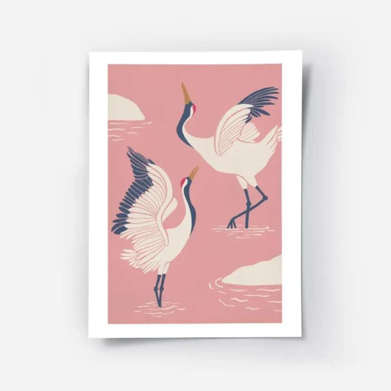 affiche de deux grues blanches dansantes avec des accents bleus et rouges sur un.webp