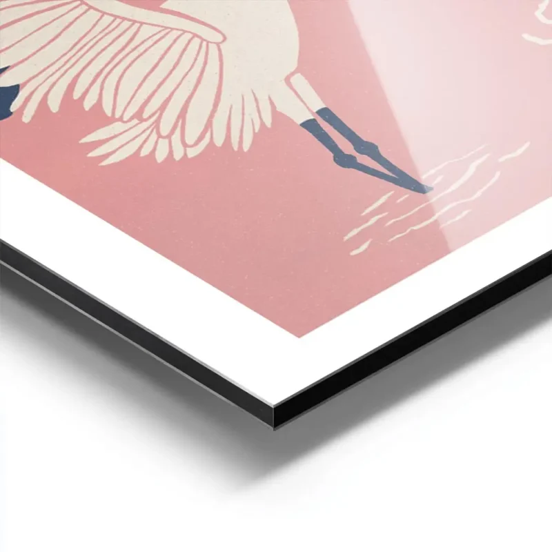 affiche de deux grues blanches dansantes avec des accents bleus et rouges sur un aluminium.webp