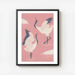 affiche de deux grues blanches dansantes avec des accents bleus et rouges sur un avec cadre.webp