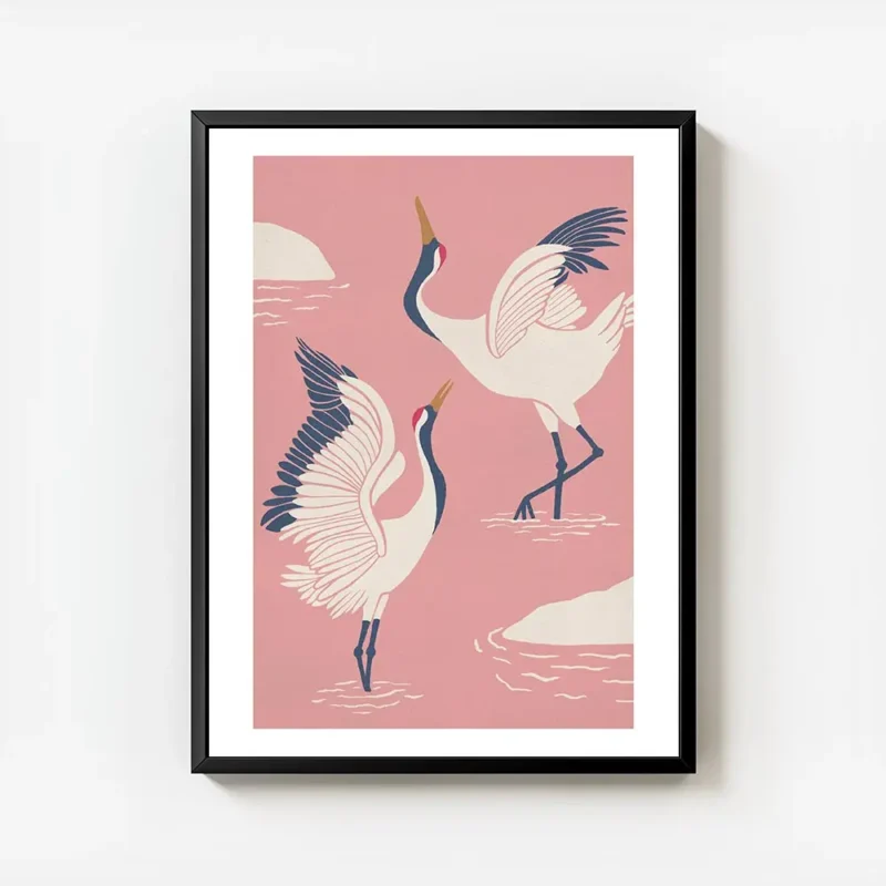 affiche de deux grues blanches dansantes avec des accents bleus et rouges sur un avec cadre.webp