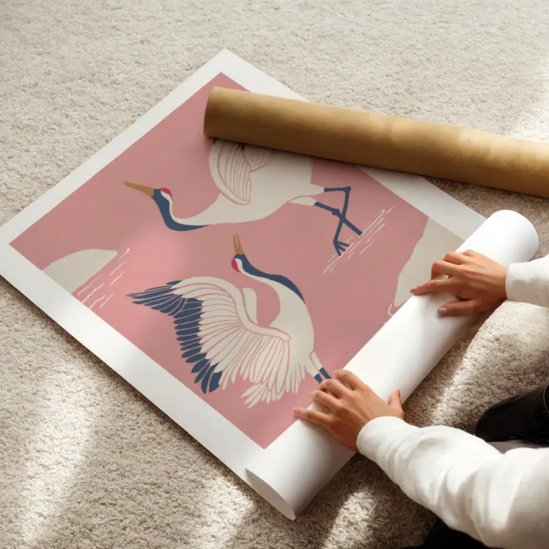 affiche de deux grues blanches dansantes avec des accents bleus et rouges sur un enroule.webp