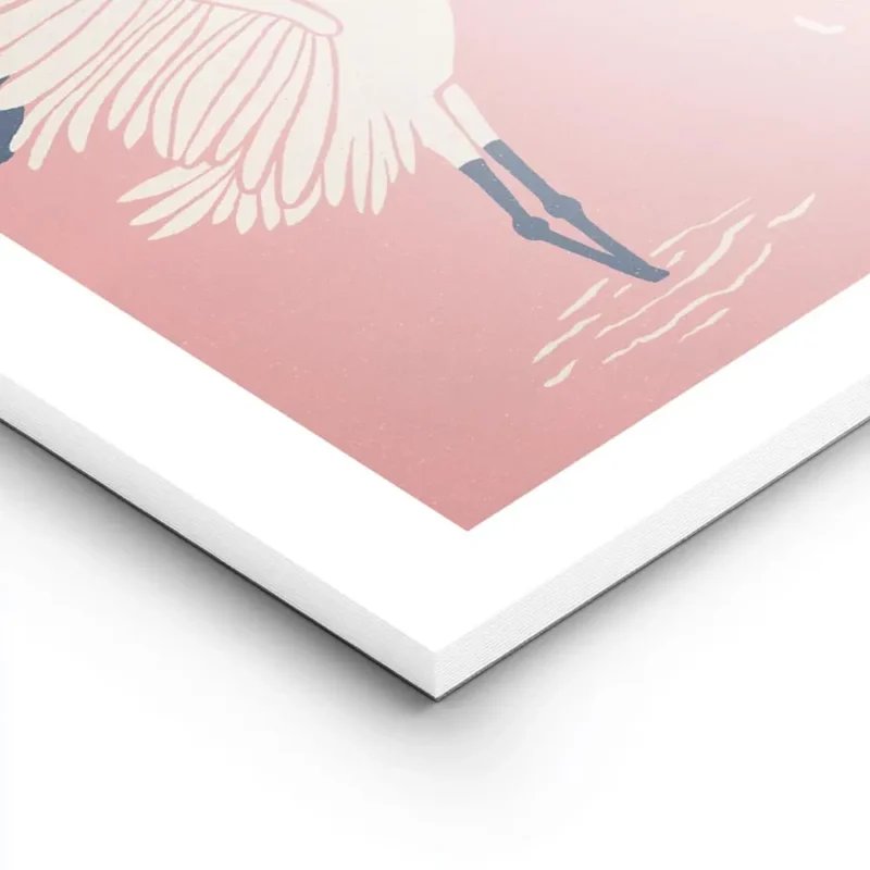 affiche de deux grues blanches dansantes avec des accents bleus et rouges sur un lightpanel.webp