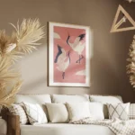 affiche de deux grues blanches dansantes avec des accents bleus et rouges sur un salon.webp