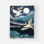 affiche de deux grues blanches et dorees volant la nuit avec une lune blanche et.webp