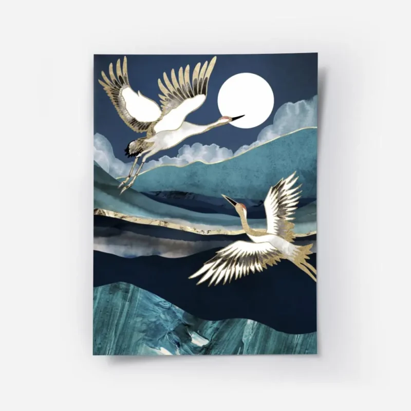 affiche de deux grues blanches et dorees volant la nuit avec une lune blanche et.webp