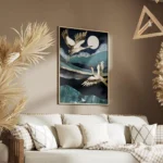 affiche de deux grues blanches et dorees volant la nuit avec une lune blanche et salon.webp
