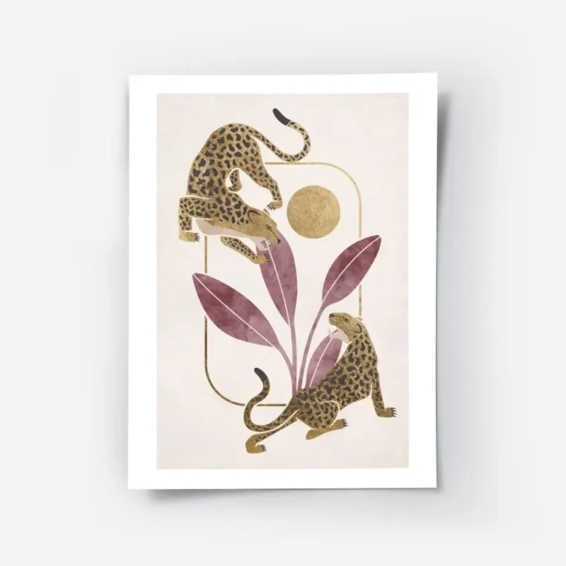 affiche de deux leopards dores tachetes noirs avec des feuilles bordeaux et un c.webp