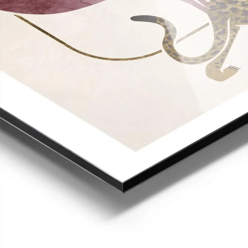affiche de deux leopards dores tachetes noirs avec des feuilles bordeaux et un c aluminium.webp