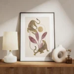 affiche de deux leopards dores tachetes noirs avec des feuilles bordeaux et un c meuble.webp