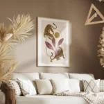 affiche de deux leopards dores tachetes noirs avec des feuilles bordeaux et un c salon.webp