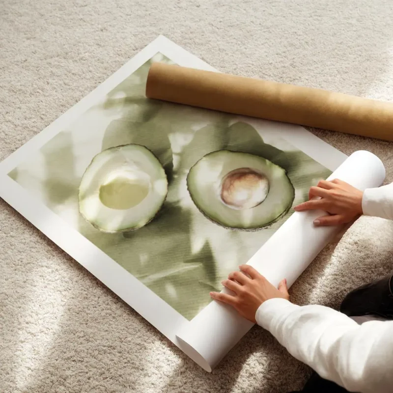 affiche de deux moities davocat sur papier vert avec des ombres creant des motif enroule.webp