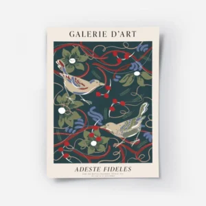 affiche de deux oiseaux colores sur des fleurs de noel et des baies rouges sur f.webp
