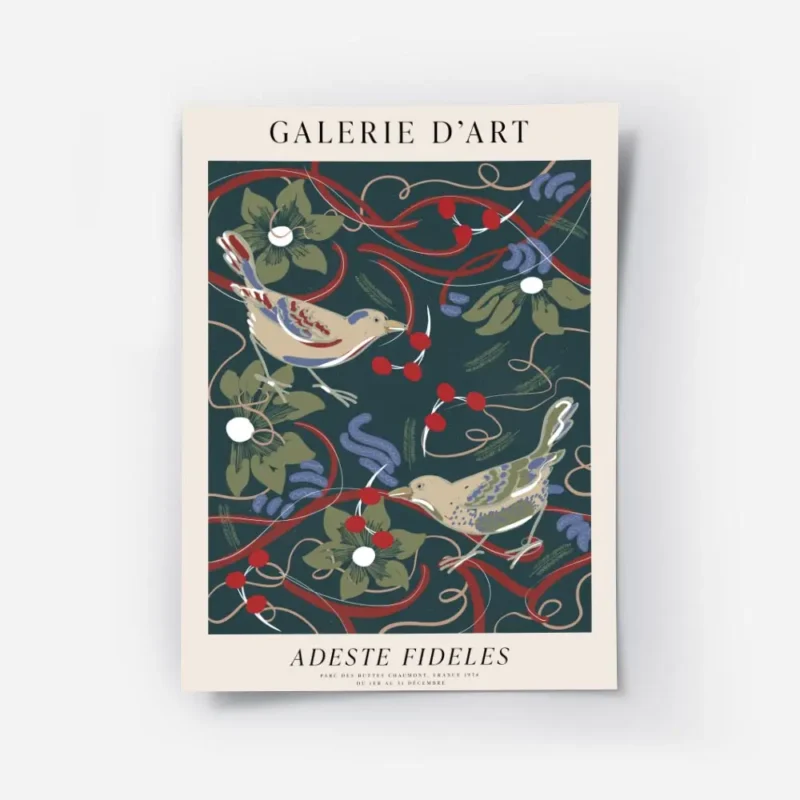 affiche de deux oiseaux colores sur des fleurs de noel et des baies rouges sur f.webp