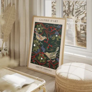 affiche de deux oiseaux colores sur des fleurs de noel et des baies rouges sur f salon beige.webp