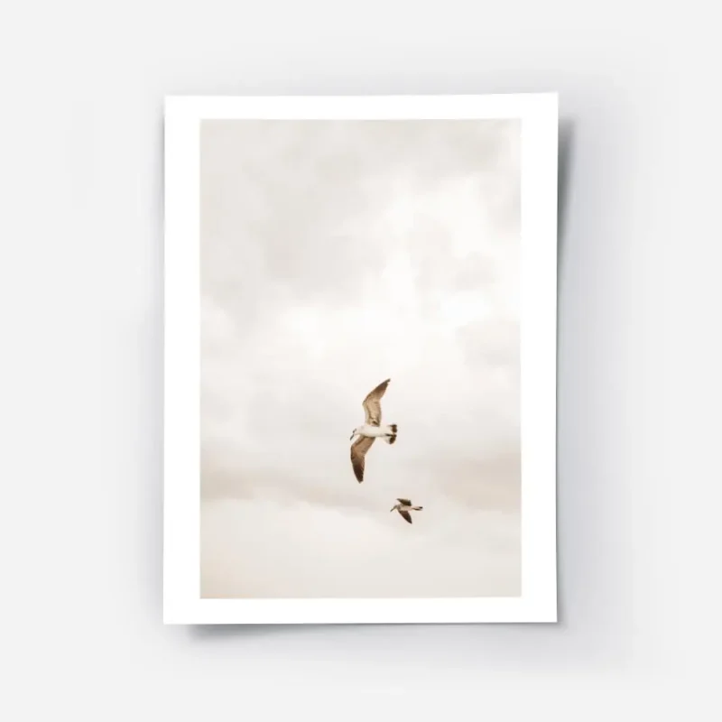affiche de deux oiseaux volant dans un ciel nuageux de couleur beige.webp