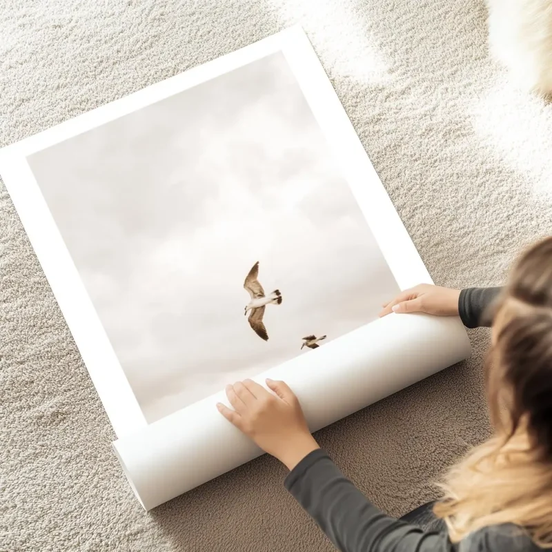 affiche de deux oiseaux volant dans un ciel nuageux de couleur beige au sol.webp