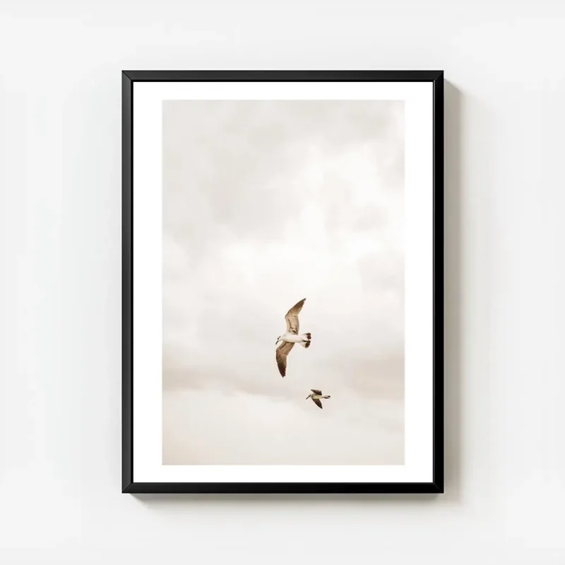 affiche de deux oiseaux volant dans un ciel nuageux de couleur beige avec cadre.webp