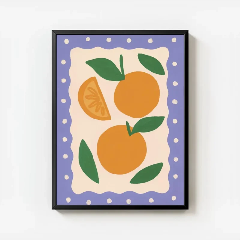 affiche de deux oranges juteuses et une tranche dorange aux couleurs fruitees av avec cadre.webp
