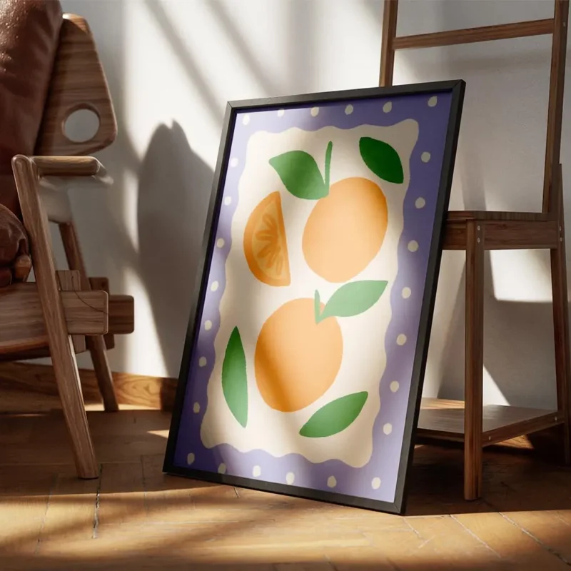 affiche de deux oranges juteuses et une tranche dorange aux couleurs fruitees av encadre.webp