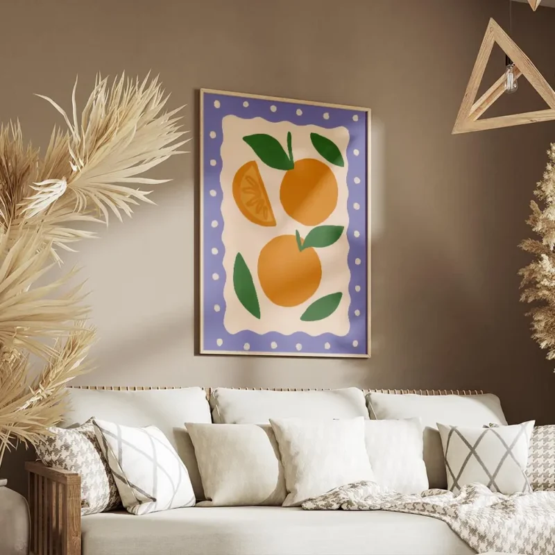 affiche de deux oranges juteuses et une tranche dorange aux couleurs fruitees av salon.webp
