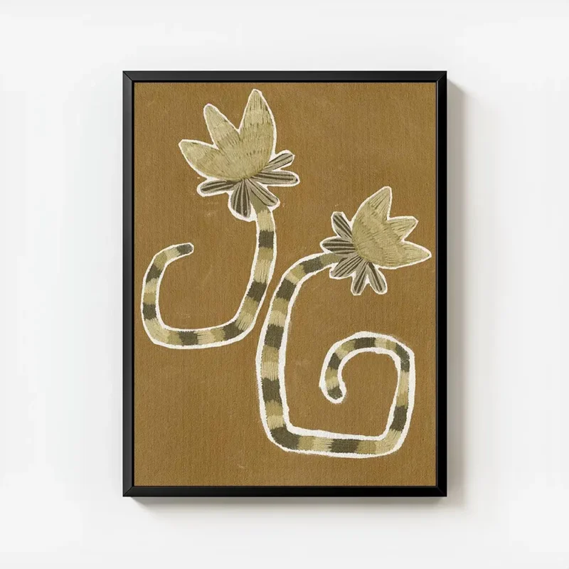 affiche de deux plantes stylisees marron clair et fonce avec des tiges rayees su avec cadre.webp