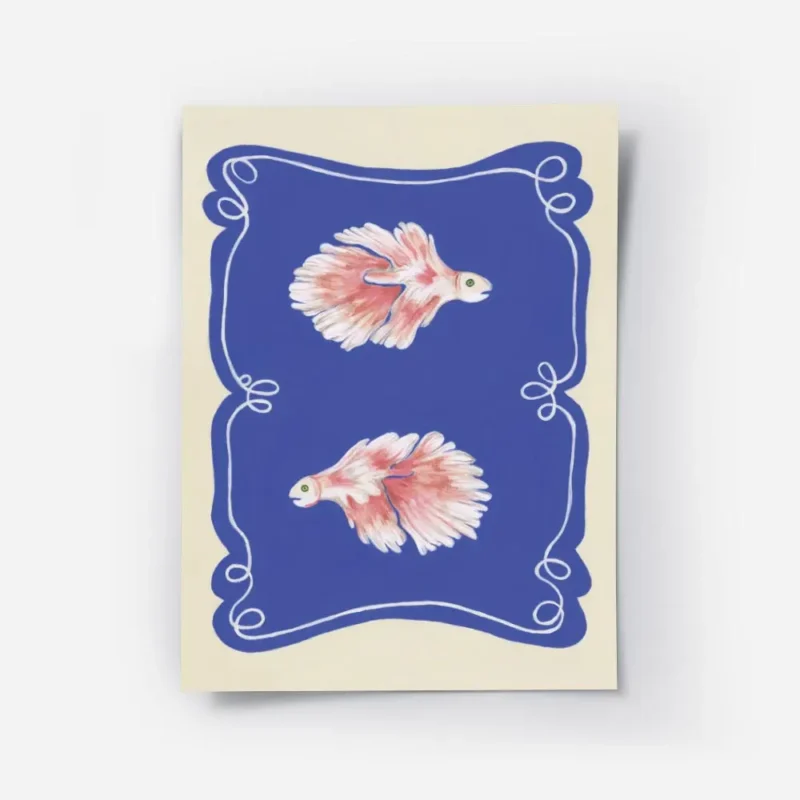 affiche de deux poissons combattants roses aux nageoires eployees sur fond bleu .webp