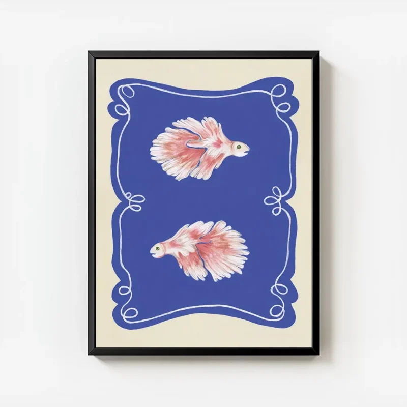 affiche de deux poissons combattants roses aux nageoires eployees sur fond bleu avec cadre.webp
