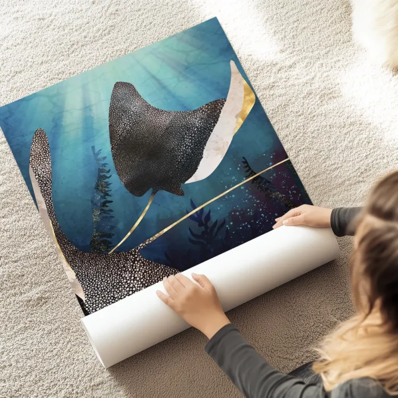 affiche de deux raies metalliques a pois dores dans un ocean bleu avec des rayon au sol.webp