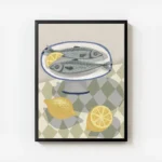 affiche de deux sardines sur une assiette avec un citron et des citrons coupes s avec cadre.webp