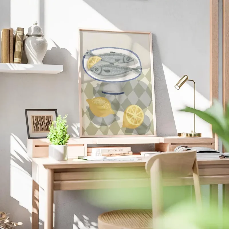 affiche de deux sardines sur une assiette avec un citron et des citrons coupes s bureau.webp