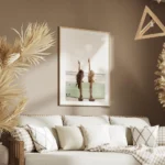 affiche de deux surfeuses avec une planche de surf faisant le signe de la paix s salon.webp