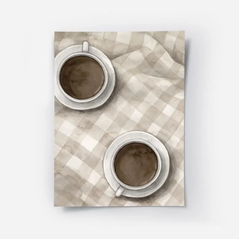 affiche de deux tasses de cafe cafe latte sur un plaid a carreaux blanc et beige.webp
