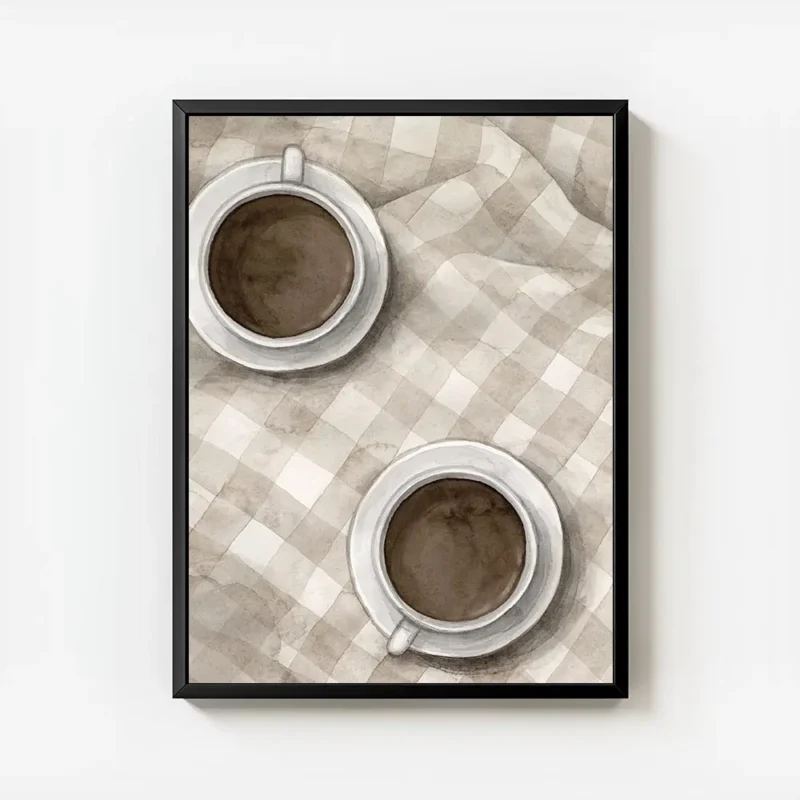 affiche de deux tasses de cafe cafe latte sur un plaid a carreaux blanc et beige avec cadre.webp