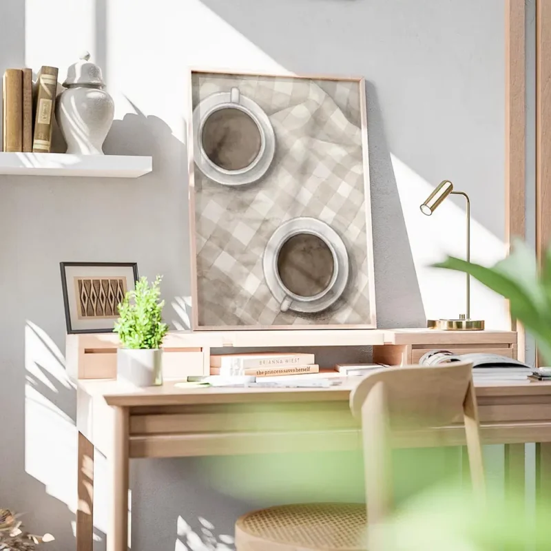 affiche de deux tasses de cafe cafe latte sur un plaid a carreaux blanc et beige bureau.webp