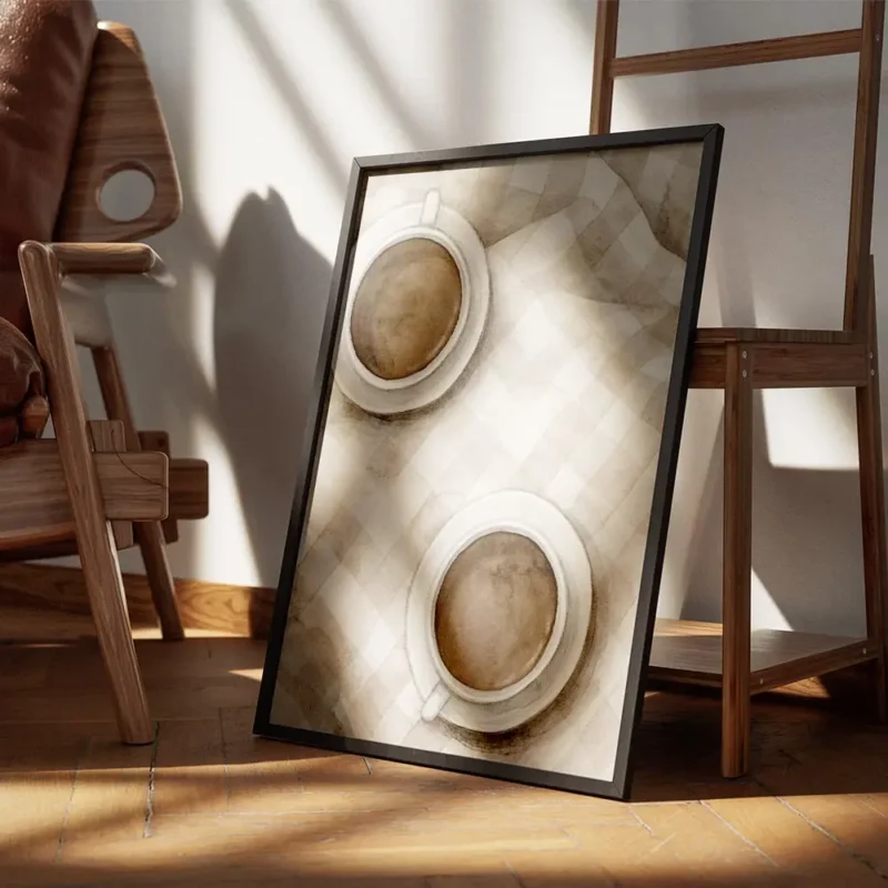 affiche de deux tasses de cafe cafe latte sur un plaid a carreaux blanc et beige encadre.webp