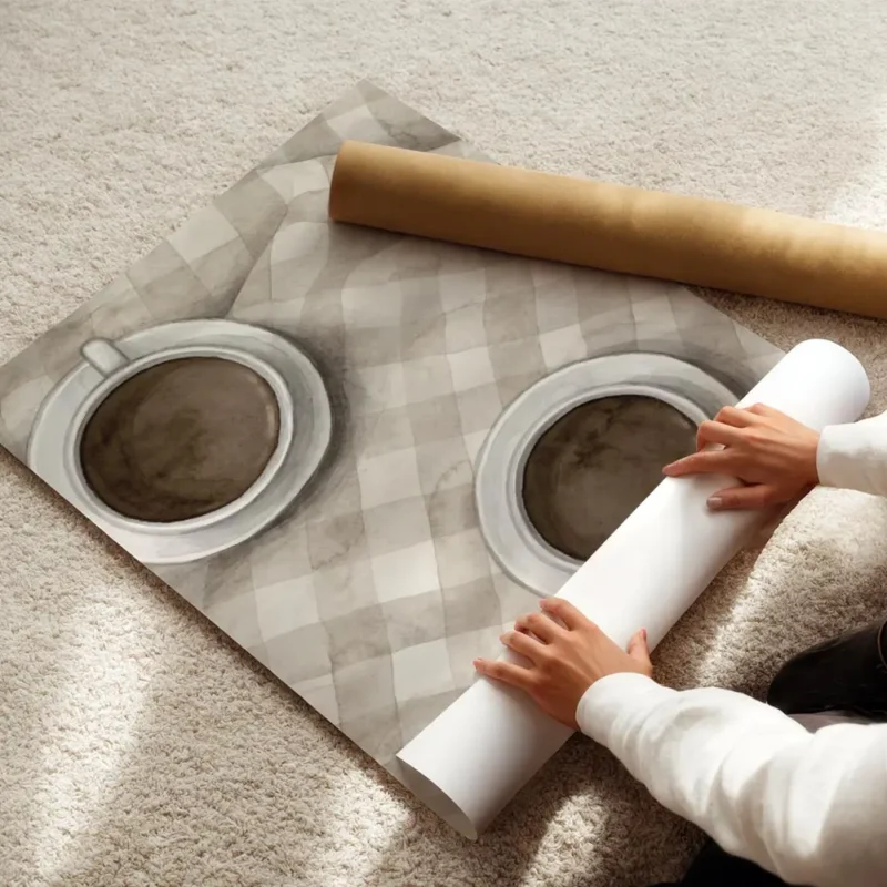 affiche de deux tasses de cafe cafe latte sur un plaid a carreaux blanc et beige enroule.webp