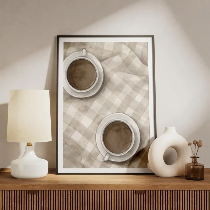 affiche de deux tasses de cafe cafe latte sur un plaid a carreaux blanc et beige meuble.webp