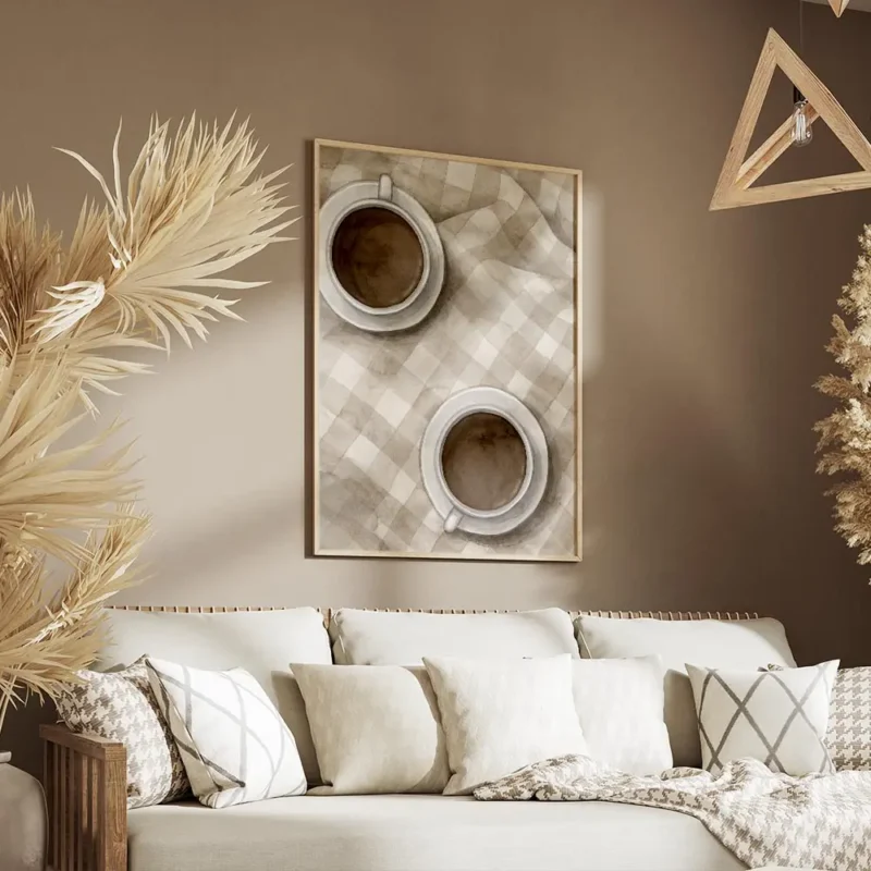 affiche de deux tasses de cafe cafe latte sur un plaid a carreaux blanc et beige salon.webp